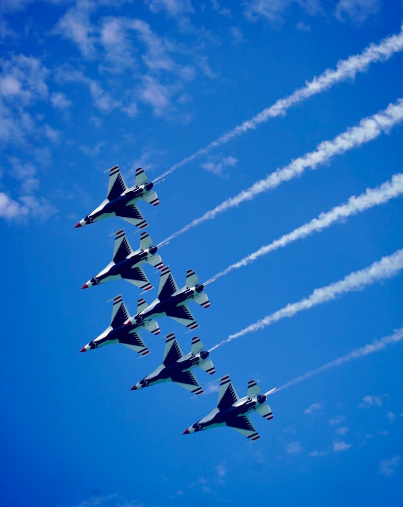 Blue Angels formation cutting through the sky.